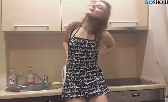 Sexy Maid Fingers Her Pussy in High Heels and Kitchen